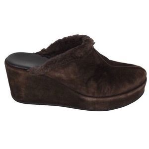Cordani Brown Suede Sherpa Lined Mule Platform Wedge Heels